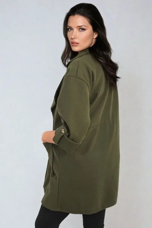 Roll Tab Sleeve Drawstring Waist Open Front Trench Coat Jacket - Image 19