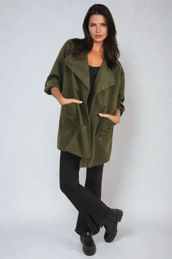 Roll Tab Sleeve Drawstring Waist Open Front Trench Coat Jacket - Image 21