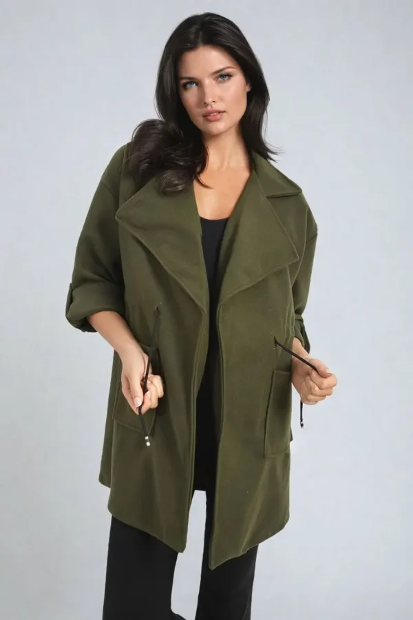 Roll Tab Sleeve Drawstring Waist Open Front Trench Coat Jacket - Image 23