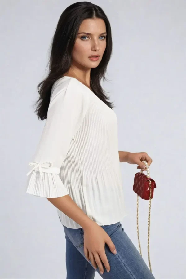 Plisse Pleated Short Bow Sleeve Top - Image 2