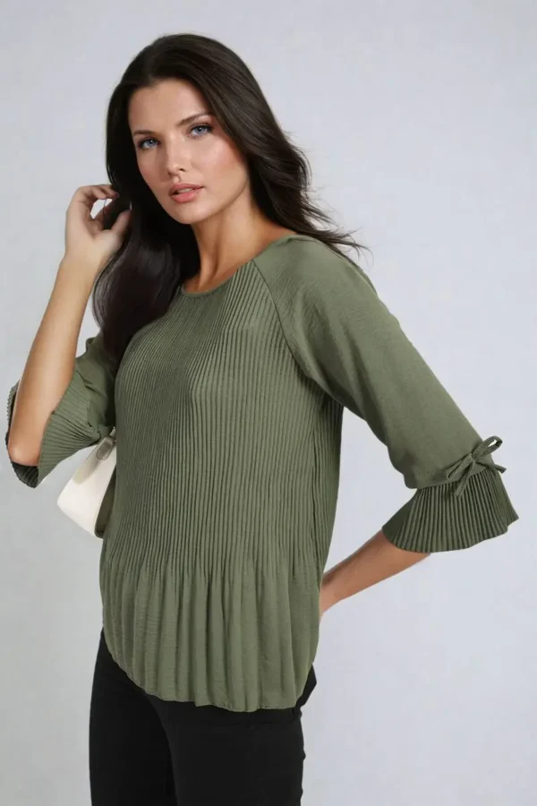 Plisse Pleated Short Bow Sleeve Top - Image 19