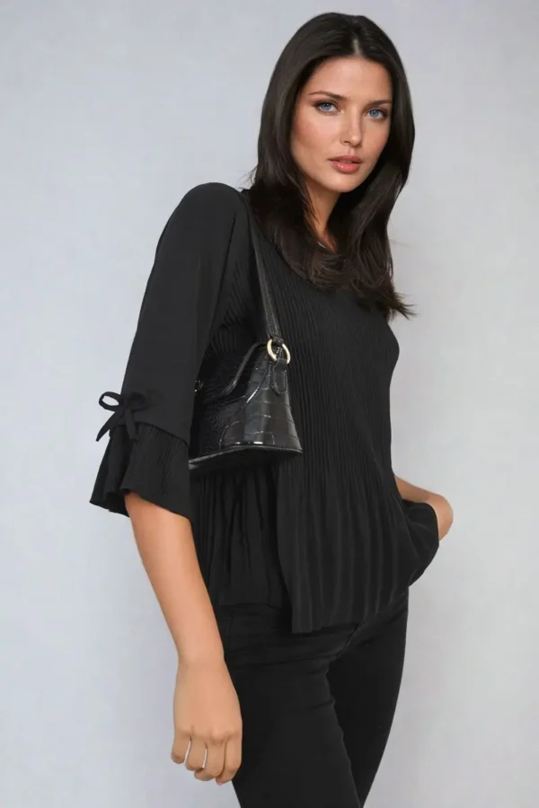 Plisse Pleated Short Bow Sleeve Top - Image 30