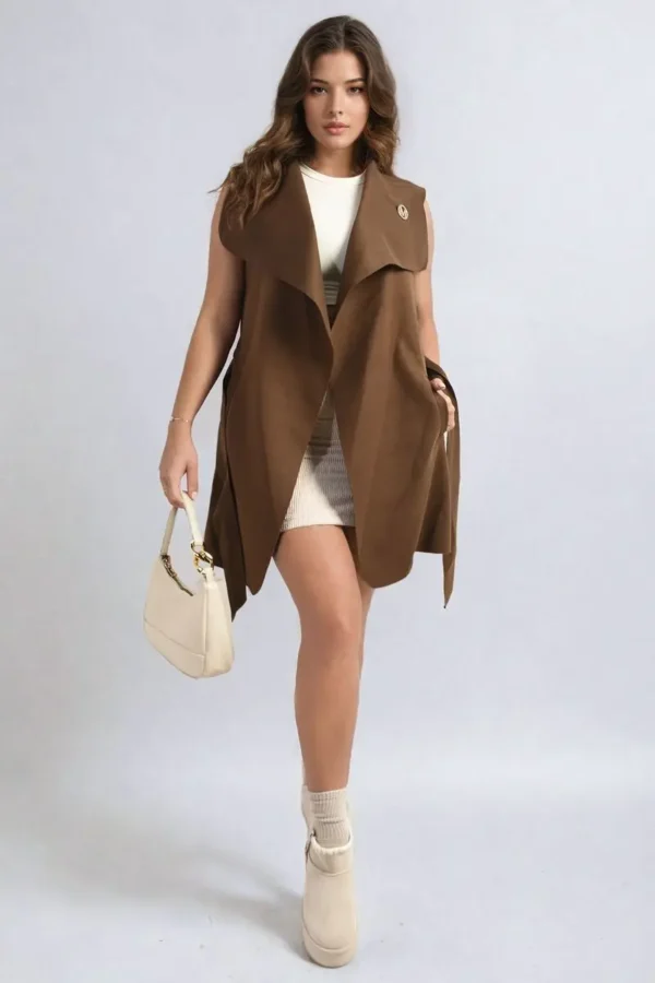 Wide Lapel Sleeveless Belted Jacket - Image 7