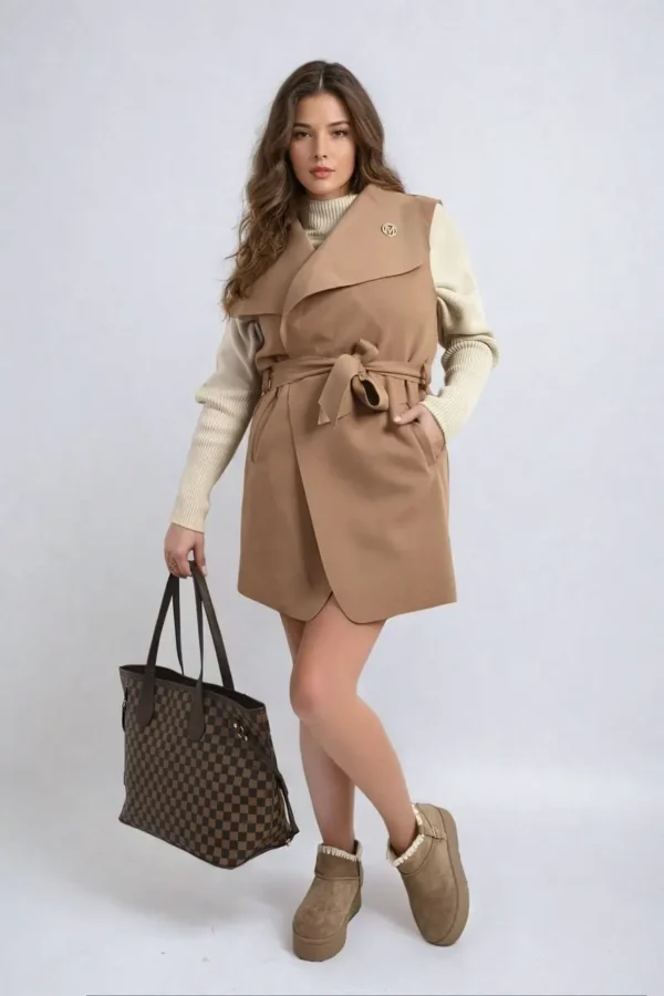 Wide Lapel Sleeveless Belted Jacket - Image 10