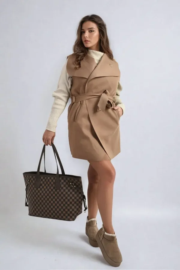 Wide Lapel Sleeveless Belted Jacket - Image 12