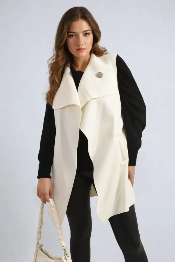 Wide Lapel Sleeveless Belted Jacket - Image 15