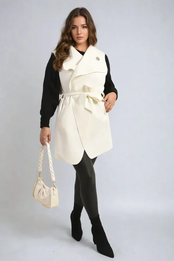 Wide Lapel Sleeveless Belted Jacket - Image 18