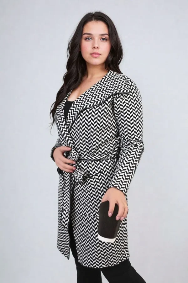 Check Print Full Sleeve Notched Lapel Collar Neck Belted Coat - Image 3