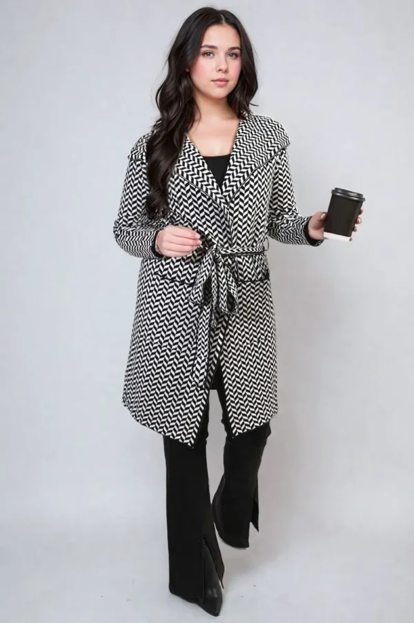 Check Print Full Sleeve Notched Lapel Collar Neck Belted Coat - Image 4