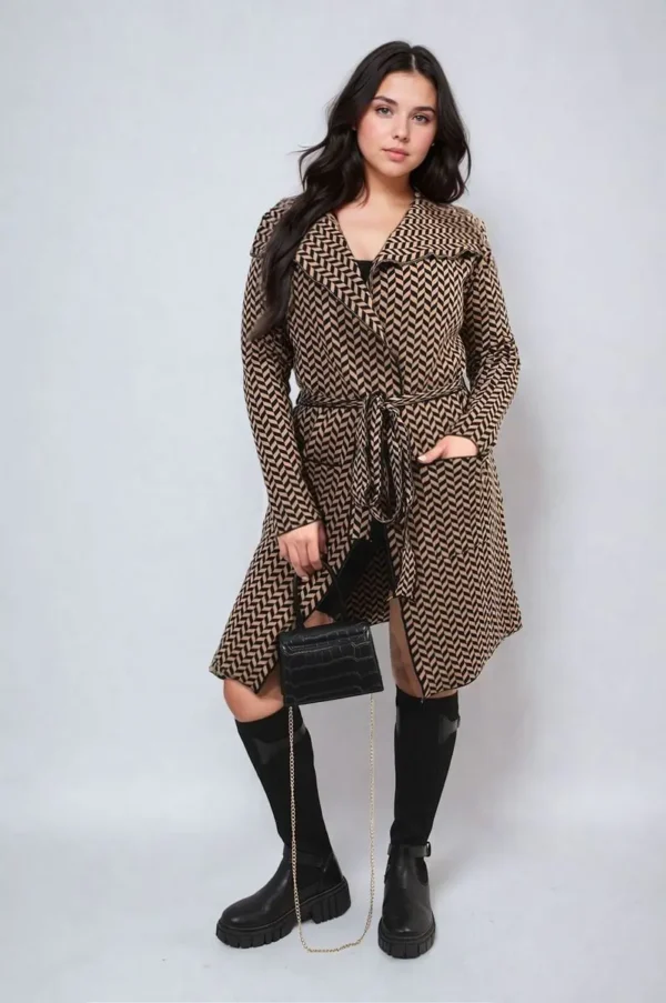 Check Print Full Sleeve Notched Lapel Collar Neck Belted Coat - Image 5