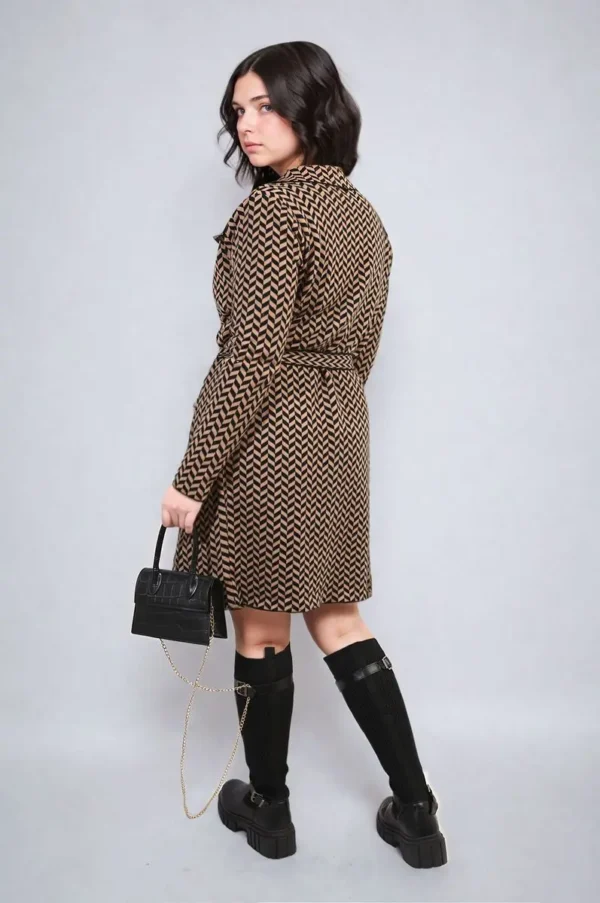 Check Print Full Sleeve Notched Lapel Collar Neck Belted Coat - Image 6