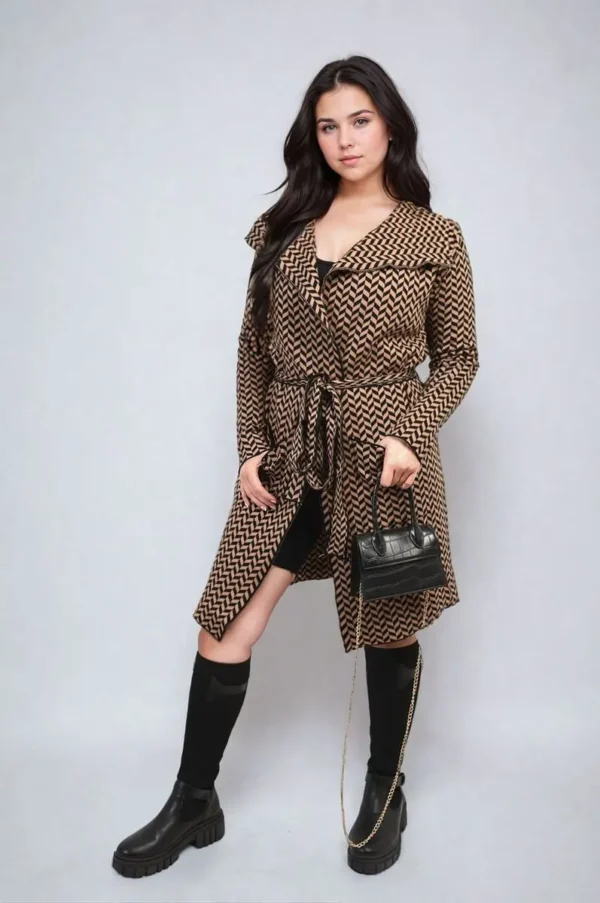 Check Print Full Sleeve Notched Lapel Collar Neck Belted Coat - Image 7