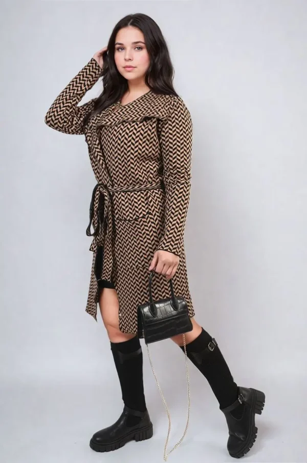 Check Print Full Sleeve Notched Lapel Collar Neck Belted Coat - Image 8