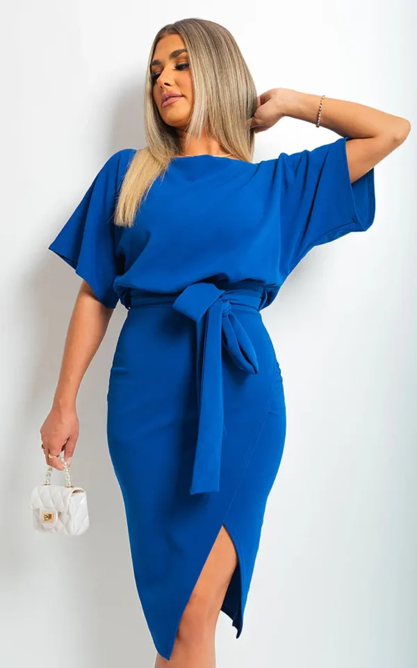 Belted Wrap Front Kimono Sleeve Midi Dress - Image 2