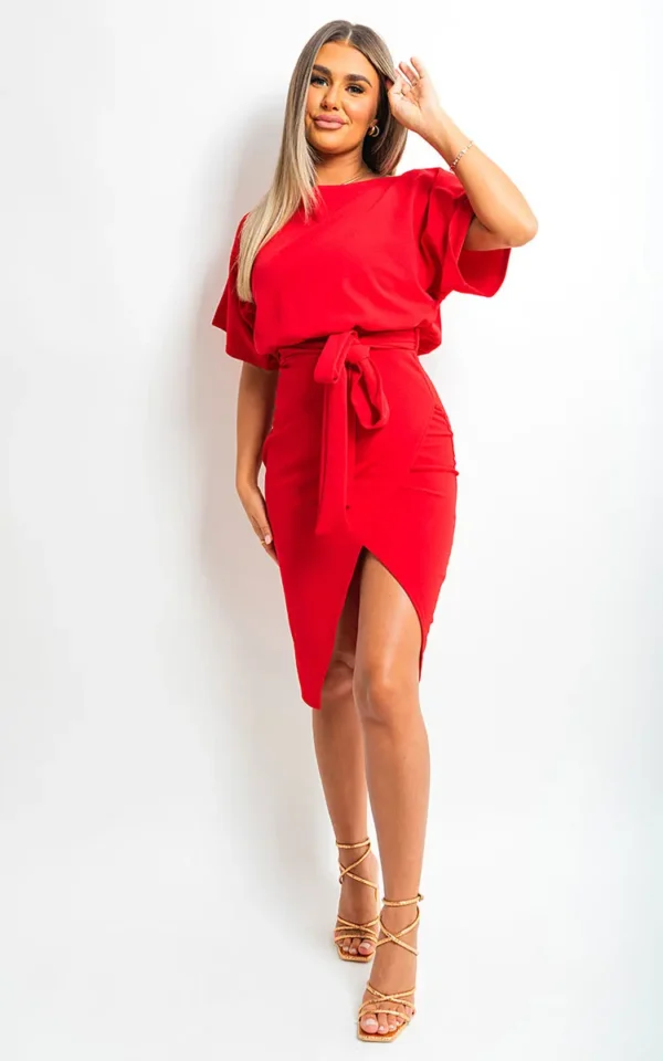 Belted Wrap Front Kimono Sleeve Midi Dress - Image 3