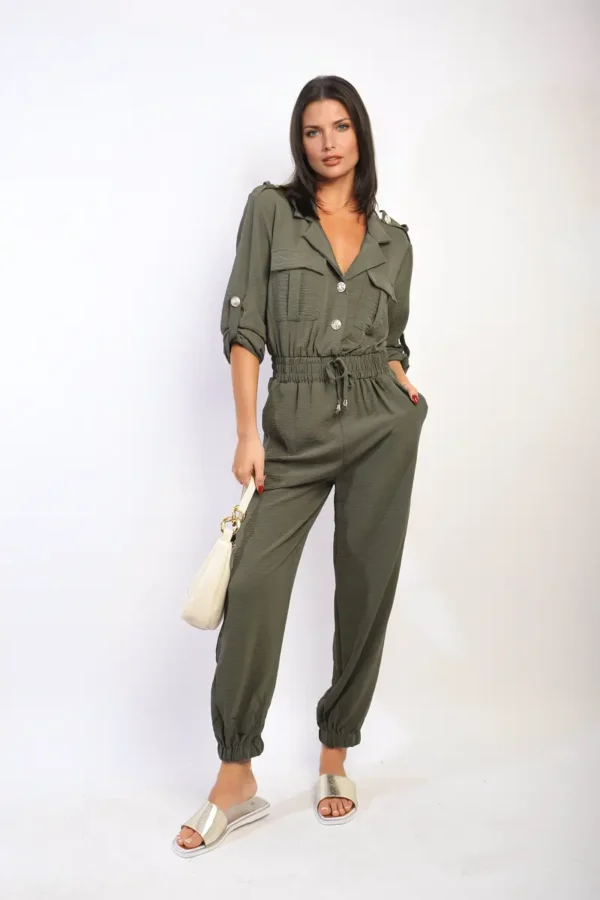 Collar Button-Front Jogger Drawstring Jumpsuit - Image 5