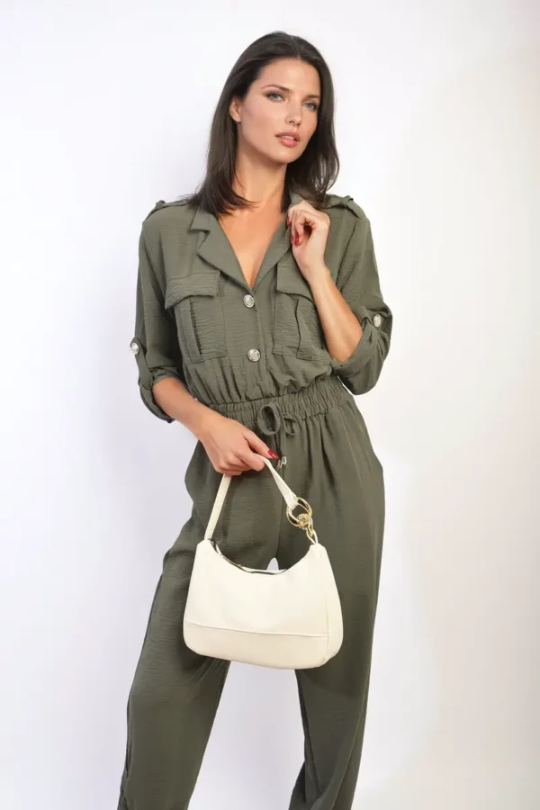 Collar Button-Front Jogger Drawstring Jumpsuit - Image 7