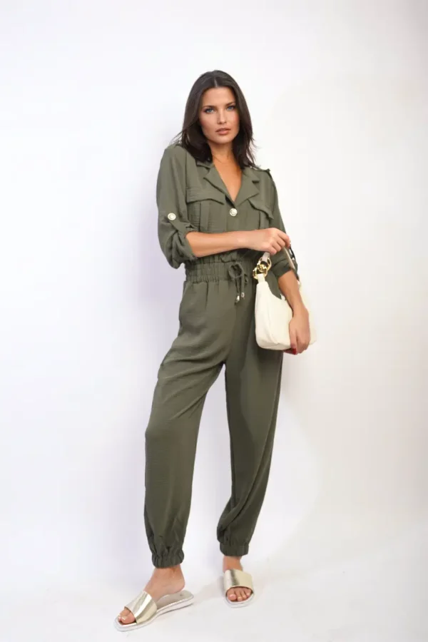 Collar Button-Front Jogger Drawstring Jumpsuit - Image 8