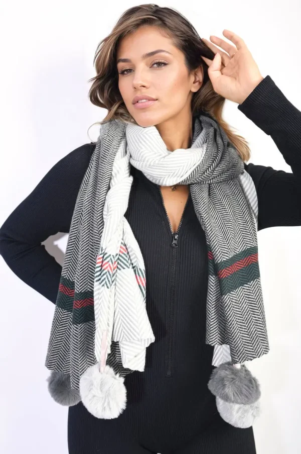 Striped Pompom Tassel Winter Scarf - Image 3