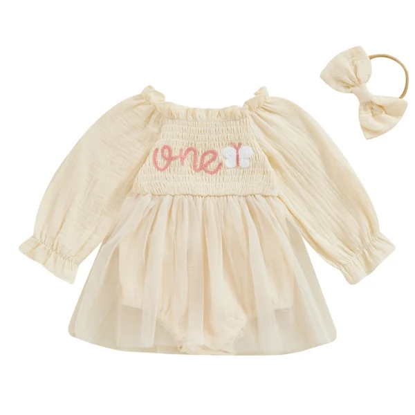 Newborn Baby Girls Romper Dress Letter Butterfly Embroidery Long Sleeve A-Line Dress and Headband Set for Toddlers Infants