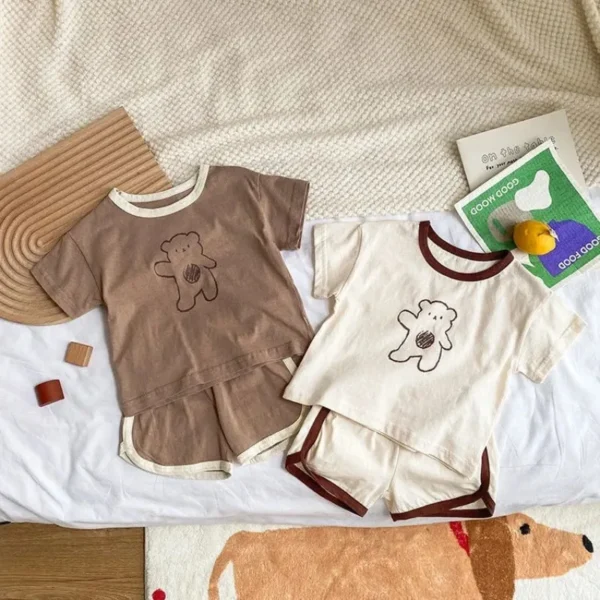 New Summer Korean Style Baby Cartoon Waving Bear Short Sleeve & Shorts Homewear Set 100% Cotton Casual Outfit for Boys Girls‌