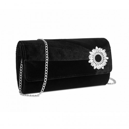 CLM2457 -  Elegant Velvet Evening Clutch with Crystal Ring & Detachable Chain Strap - Versatile Shoulder or Handheld Bag - Black