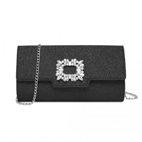 CLM2461 -  Glitter Evening Clutch with Crystal Embellishment & Detachable Chain Strap - Elegant Crossbody or Handheld Bag - Black
