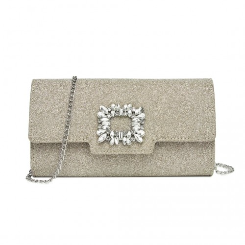 CLM2461 -  Glitter Evening Clutch with Crystal Embellishment & Detachable Chain Strap - Elegant Crossbody or Handheld Bag - Gold