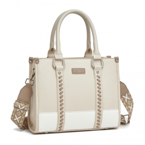 HBM2462 -  PU Leather Graceful Spacious Tote Bag with Woven Trim and Detachable Ethnic Strap - Beige