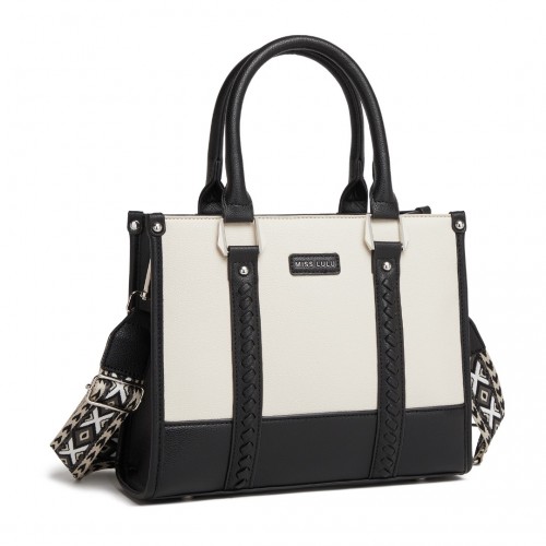 HBM2462 -  PU Leather Graceful Spacious Tote Bag with Woven Trim and Detachable Ethnic Strap - Black