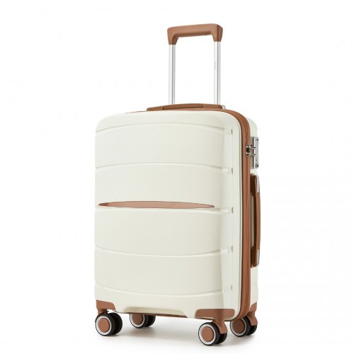 KSK2591 - Kono 20-Inch PP Modern Scratch-Resistant Cabin Suitcase with TSA Lock & Stylish Brown Accents - Cream and Brown