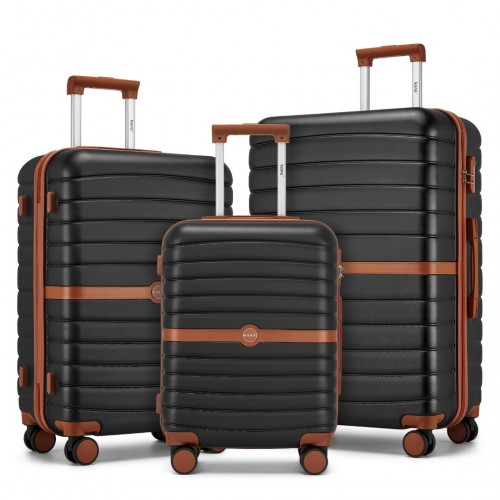 KSK2592 - Kono ABS+PC Striped Design with Colour-Block Details 3-Piece Hardshell Luggage Set with Spinner Wheels - Black and Brown