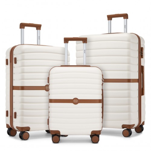 KSK2592 - Kono ABS+PC Striped Design with Colour-Block Details 3-Piece Hardshell Luggage Set with Spinner Wheels - Cream and Brown