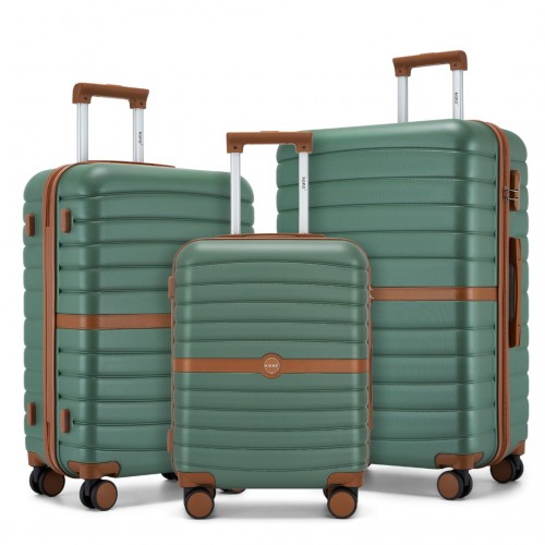 KSK2592 - Kono ABS+PC Striped Design with Colour-Block Details 3-Piece Hardshell Luggage Set with Spinner Wheels - Green and Brown