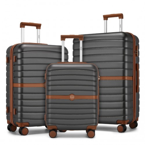 KSK2592 - Kono ABS+PC Striped Design with Colour-Block Details 3-Piece Hardshell Luggage Set with Spinner Wheels - Grey and Brown