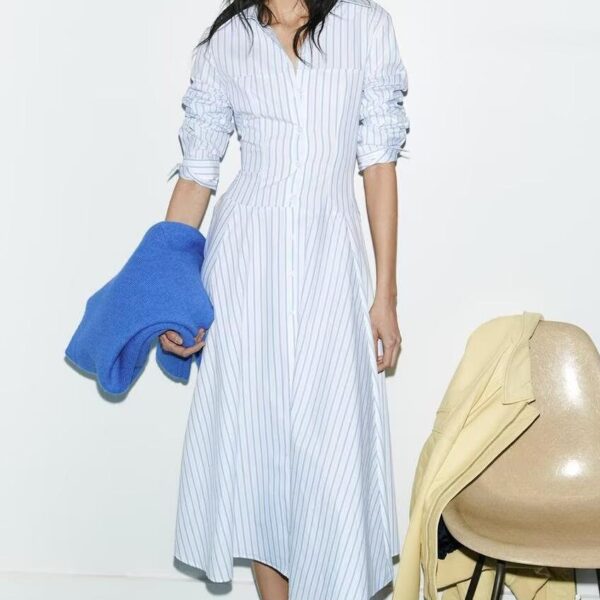 Women Clothing Spring Casual Striped Shirt Midi Dress