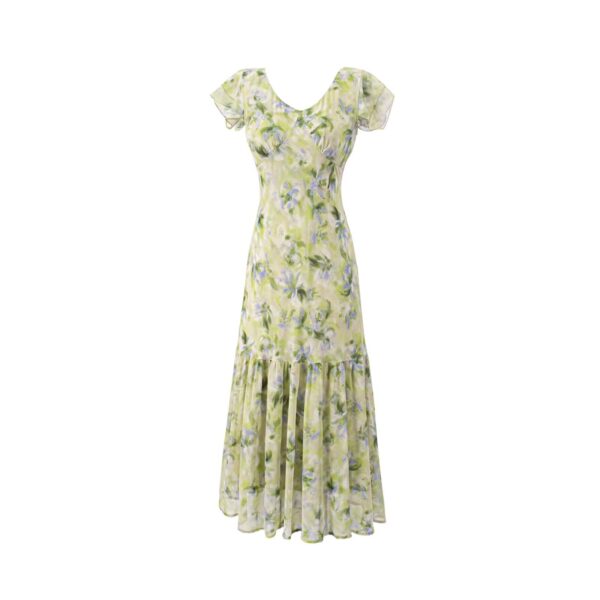 Gentle V neck Floral Short Sleeve Elegant Dress Summer Vacation Waist Slimming Casual Dress Women