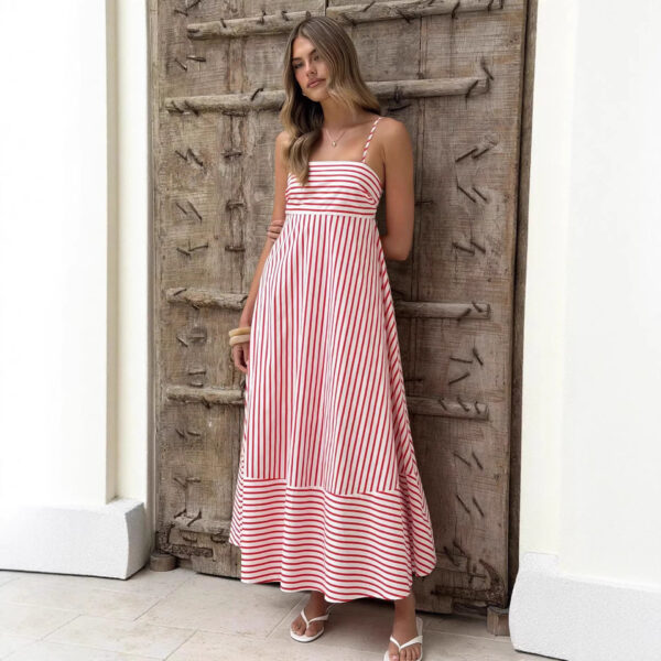Summer Dress Striped Printed High Waist Holiday French Large Swing Dress