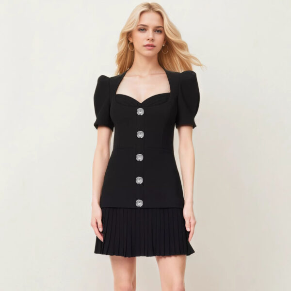 Summer French Vintage Single Breasted Black Dress Women Short Dress Button Puff Sleeve Elegant Slimming Short Sleeve Dress