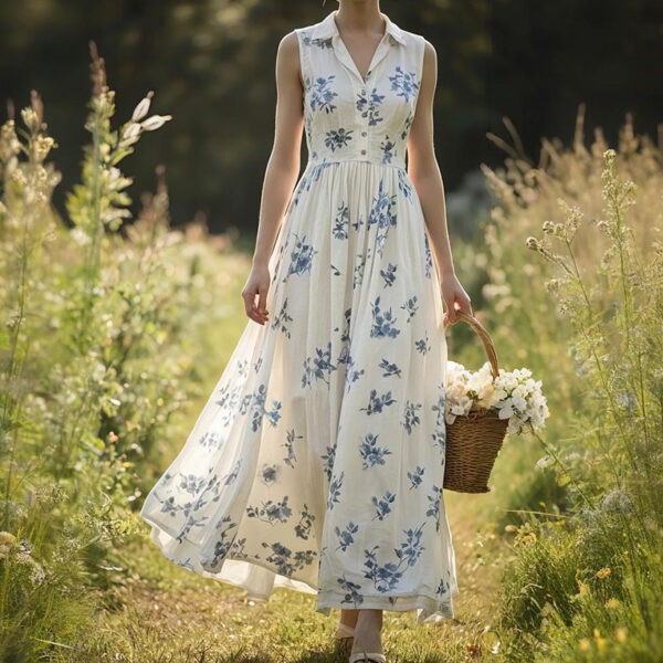 Summer Women Printed Sleeveless Collared High Waist Dress