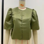 Puff-sleeve Loose-fitting Short Top - Green