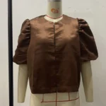 Puff-sleeve Loose-fitting Short Top - Brown