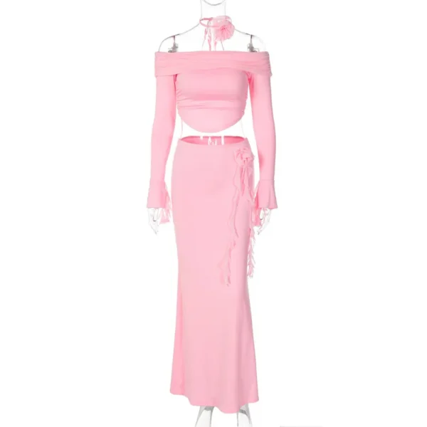 Sexy Solid Color Skirt Co-ord Set in Milk Silk Stretch Fabric Featuring Elegant Flowers Craftsmanship