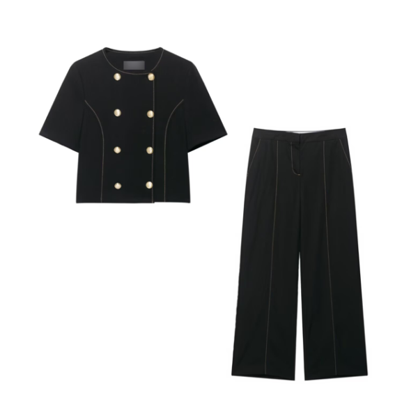 Women Clothing Women Linen Blend String Decoration Short Blazer Straight Leg Trousers Two Piece Sets