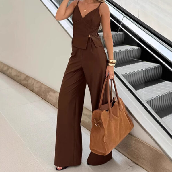 Brown Sleeveless V neck Brace Split Vest Trousers Spring Summer Two Piece Sets Women