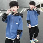 Blue Hooded Cotton Sweatshirt (Without Hood Drawstring)