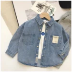 Denim Shirt with Large Pocket and White Label