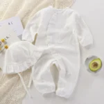 White [gauze Diagonal Placket Long Romper]