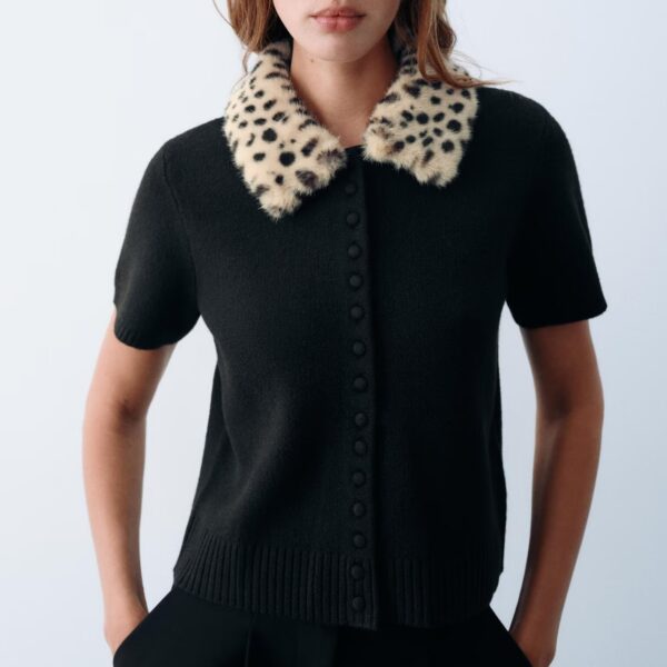 Women Clothing Summer Detachable Fur Effect Neckline Knitted Jacket Coat